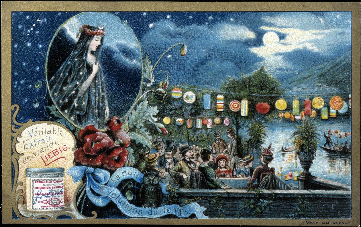 Natt, nattfest opplyst med lykter, nær en innsjø - Liebig-kromolitografi av Unknown artist