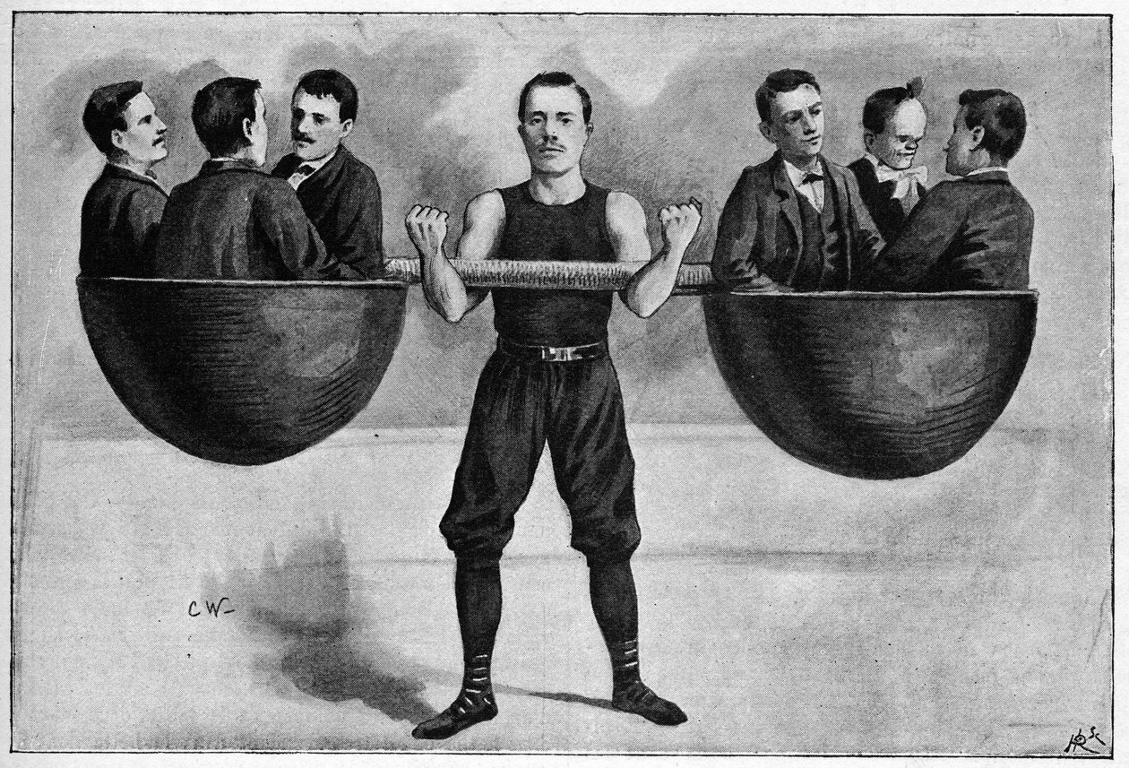 Nino ung italiensk 24 år gammel i vintersirkuset med seks menn i armen. Fra et bilde fra 1898. av Unknown artist
