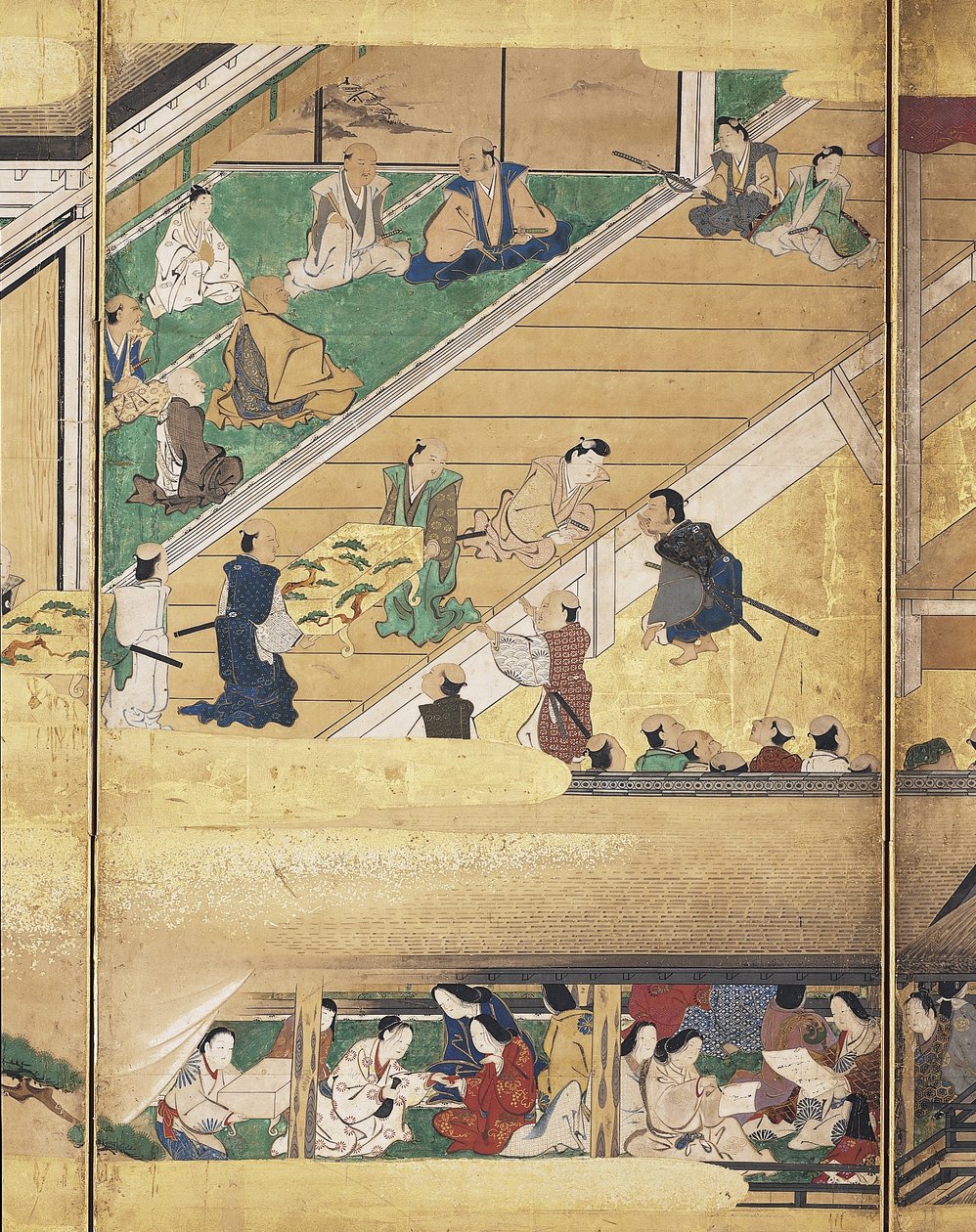Noh Play: Funa Benkei (blekk, farger og gull på papir, skjerm med seks paneler) av Unknown artist