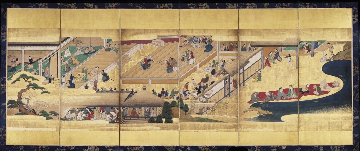 Noh Play: Funa Benkei (blekk, farger og gull på papir, skjerm med seks paneler) av Unknown artist