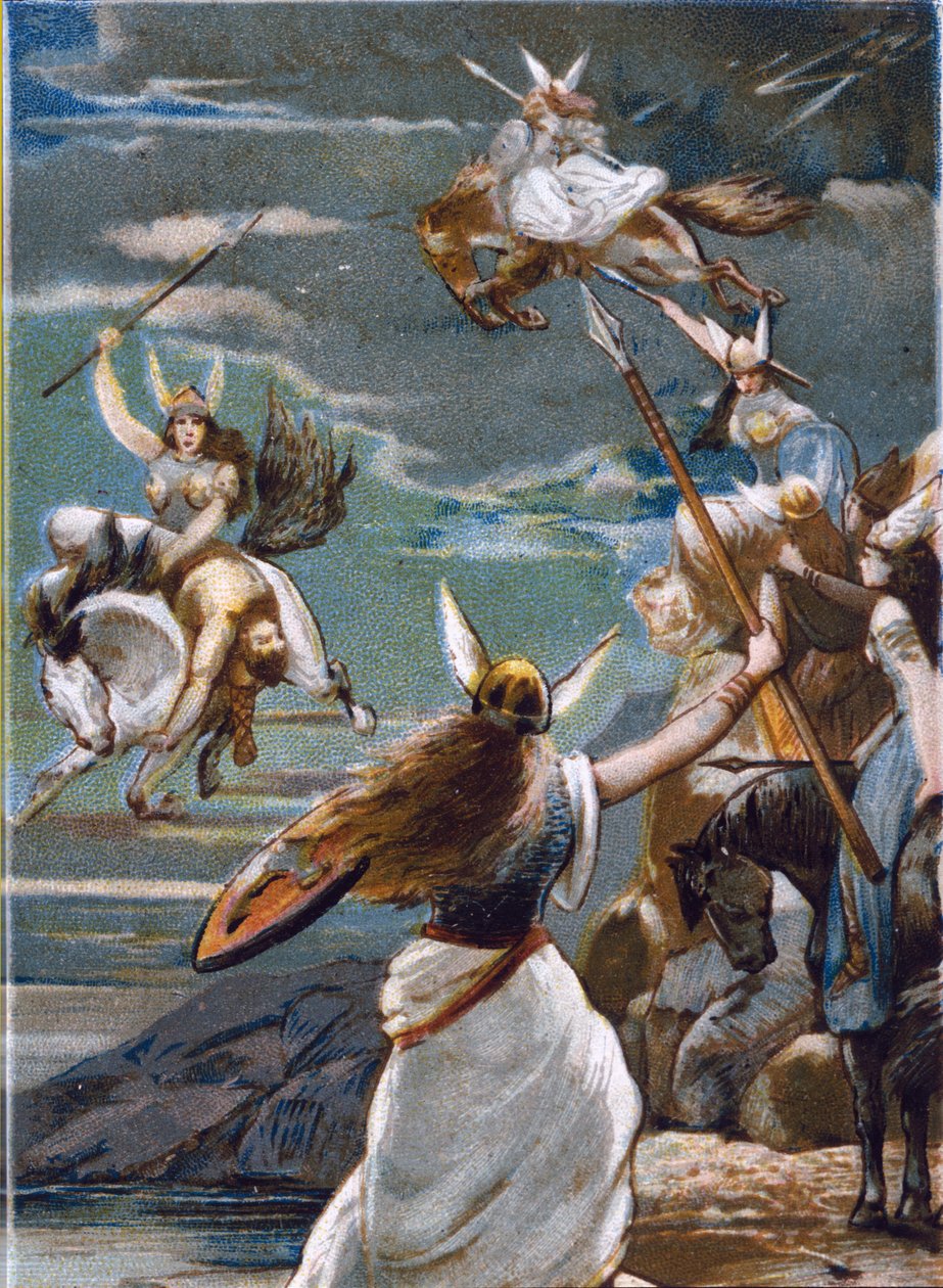 Nordisk mytologi: Walkyries (jomfrukrigere) i Valholl (eller Walhalla, Valhalla, Valhalle: sted hvor modige krigere blir brakt) og krigeres fall i kamp. kromolitografi fra 1800-tallet av Unknown artist