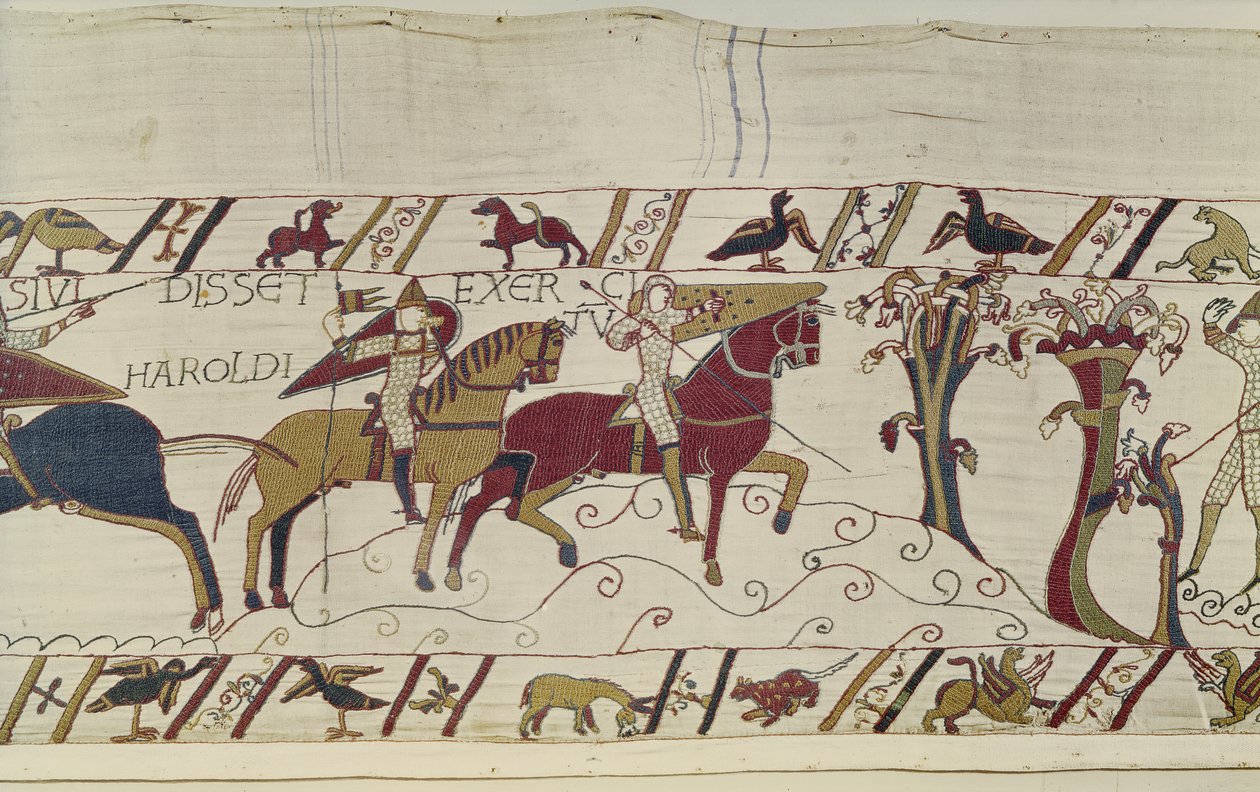 Normanniske speidere sendes i forveien for å se Harolds bevegelser, Bayeux Tapestry (ullbroderi på lin) av Unknown artist