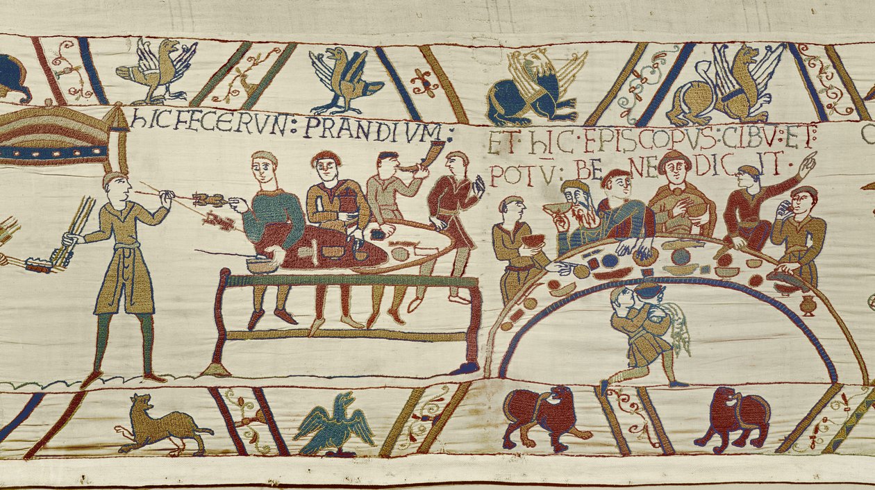 Norman servants prepare a banquet for William and Bishop Odo blesses the meal, Bayeux Tapestry (wool embroidery on linen) av Unknown artist