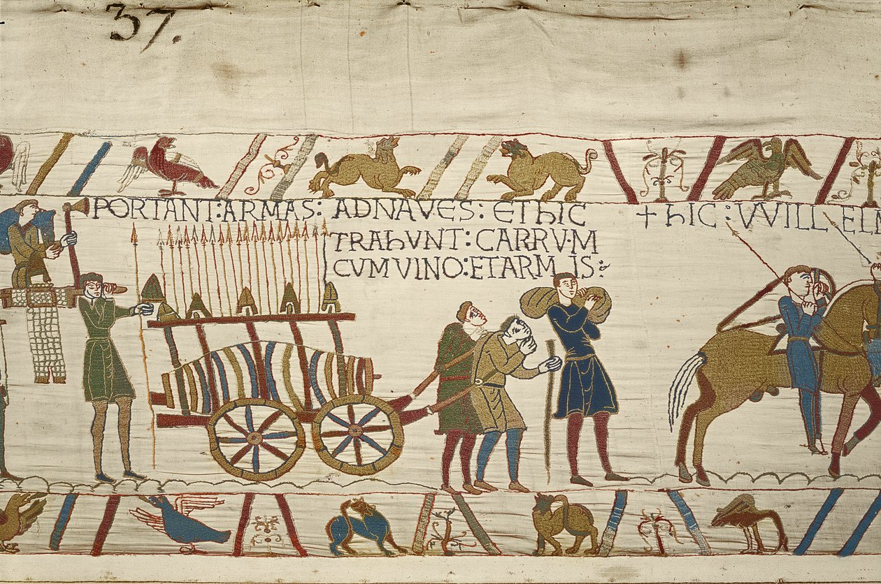 Normannere trekker en vogn lastet med vin og armer, Bayeux-teppe (ullbroderi på lin) av Unknown artist