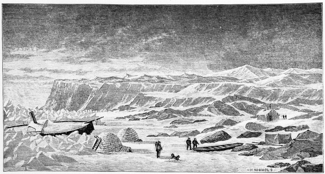 Nordpolen: Igloer og isbryterbåt (Ice Breeze), tegning, våren 1873. av Unknown artist