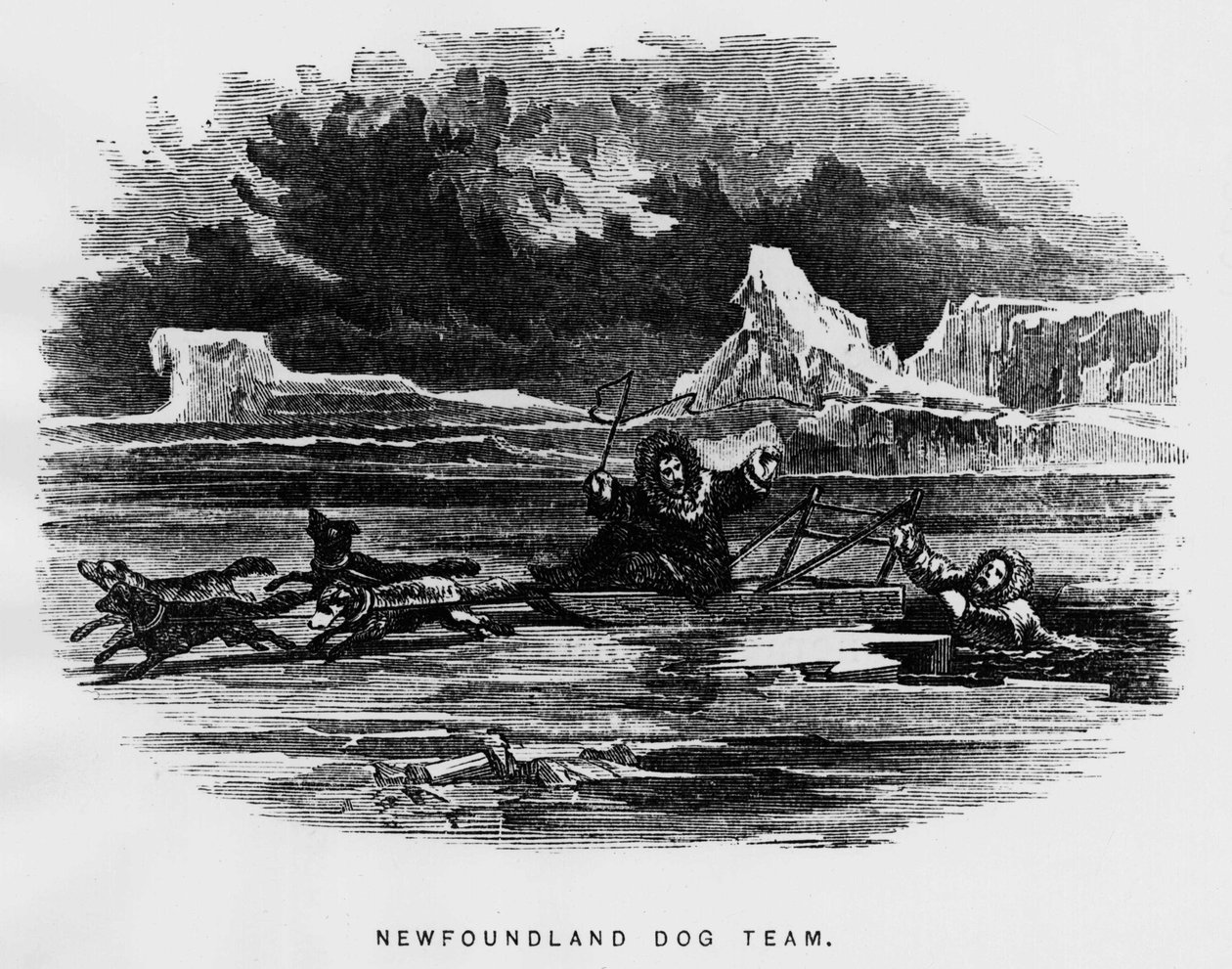 Nordpolen: sledehund svever en mann faller gjennom isen - Elisha Kent Kane, Arctic Explorations in the years 1853-1855, Philadelphia, Childs and Peterson av Unknown artist