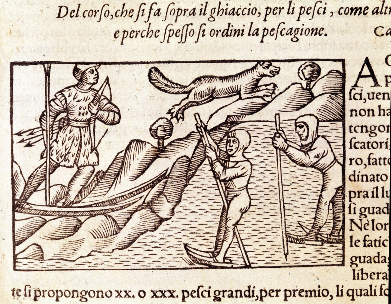 Norske jegere som beveger seg gjennom ski. gravering av Olaus Magnus (1490 - 1557), svensk religiøs og geograf, "Historia de Gentis Septentrionalibus", Venezia av Unknown artist