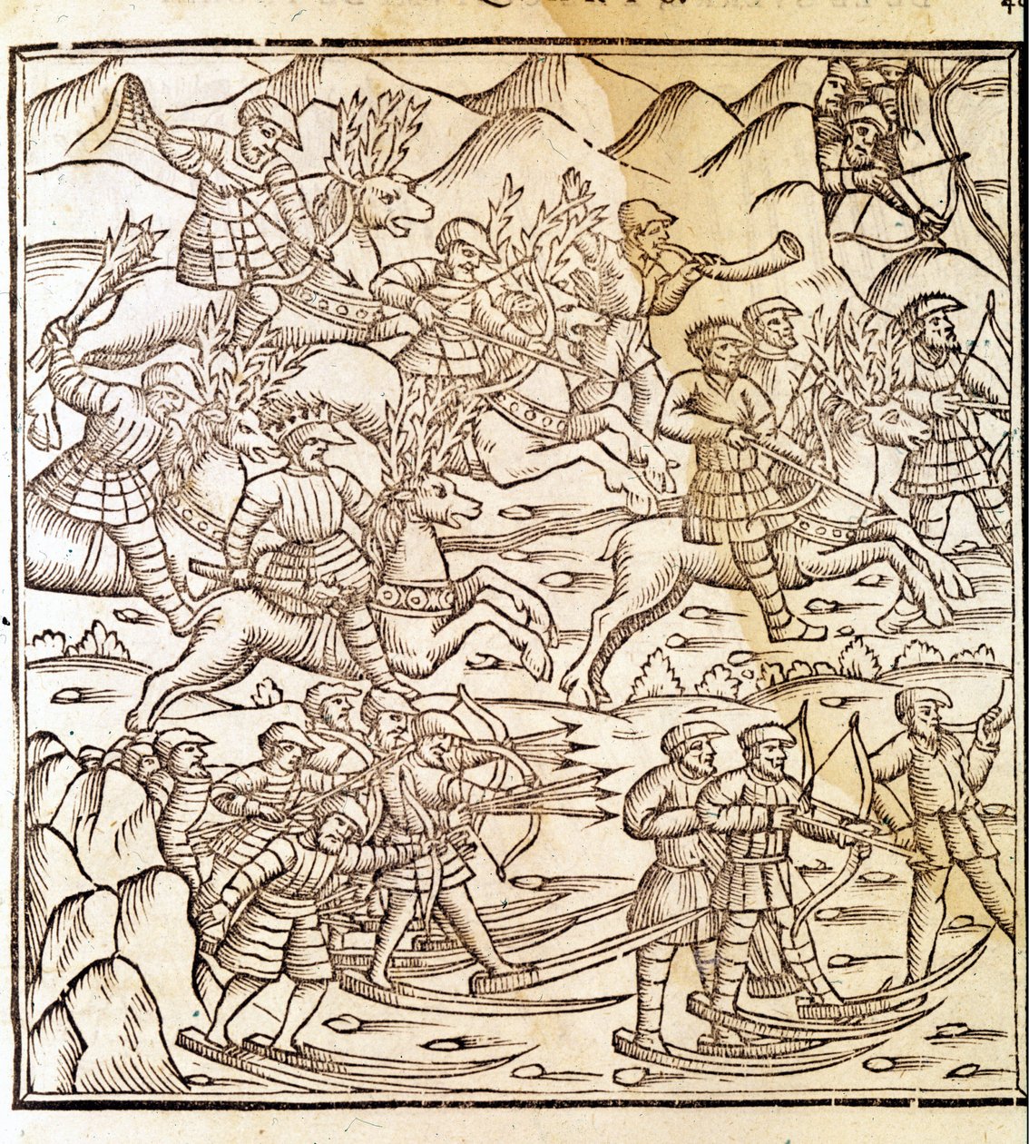 Norske jegere som ferdes på ski og rein. Gravering av Olaus Magnus (1490 - 1557), svensk religiøs og geograf, "Historia de Gentis Septentrionalibus", Venezia av Unknown artist