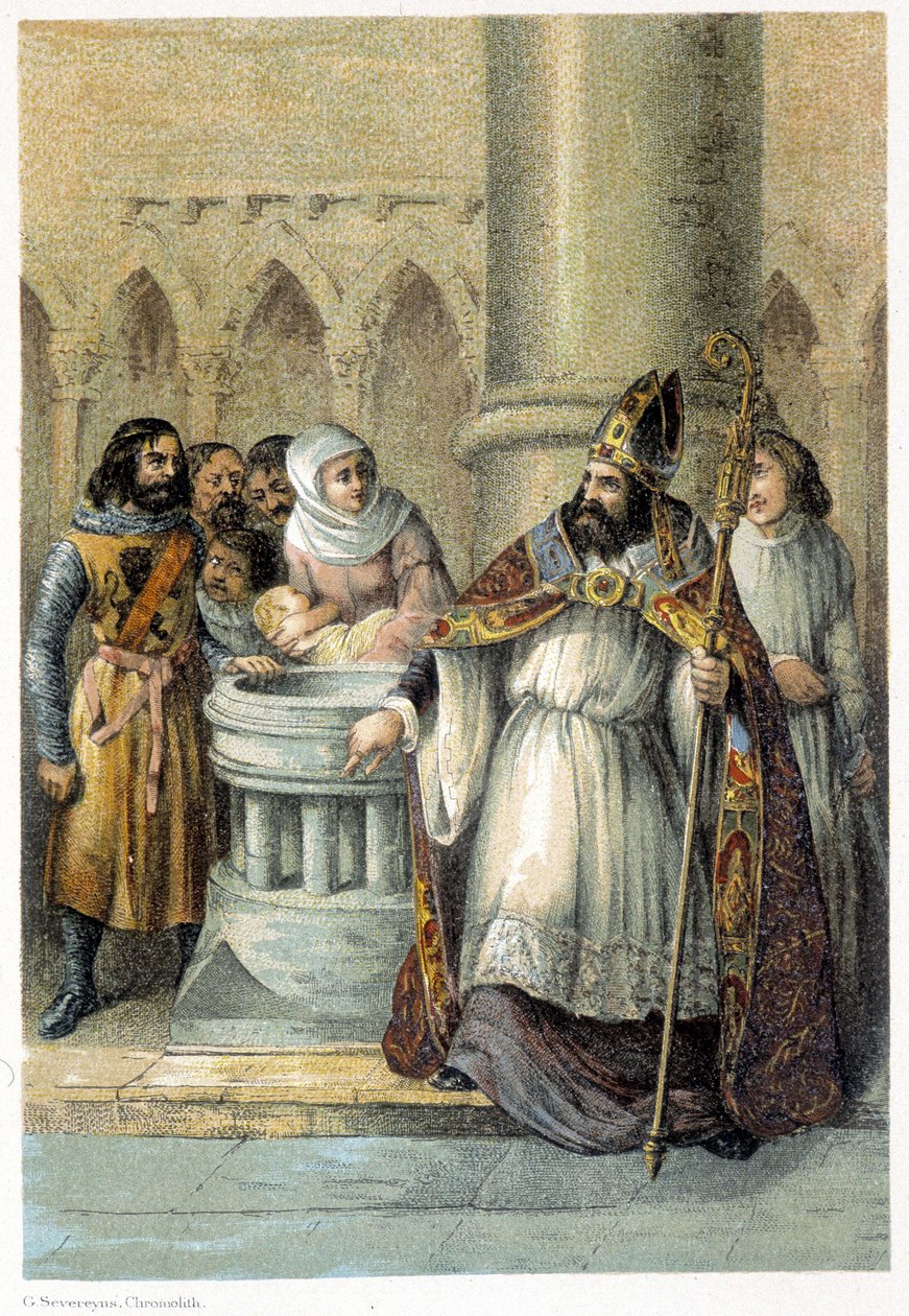 Notger (930 - 1008), eveque av Liege, under dåpen til Otton III (980-1002), konge av Tyskland. Kromolitografi fra 1800-tallet. av Unknown artist