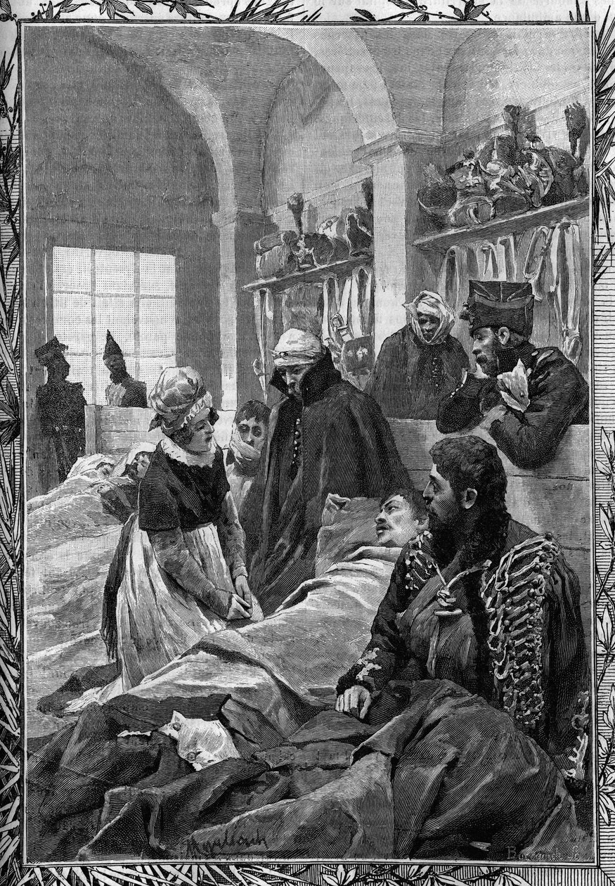 Sykepleier Marguerite Favet behandlet vettet på felthospitalet under krigen i 1813 mot tyskerne. av Unknown artist