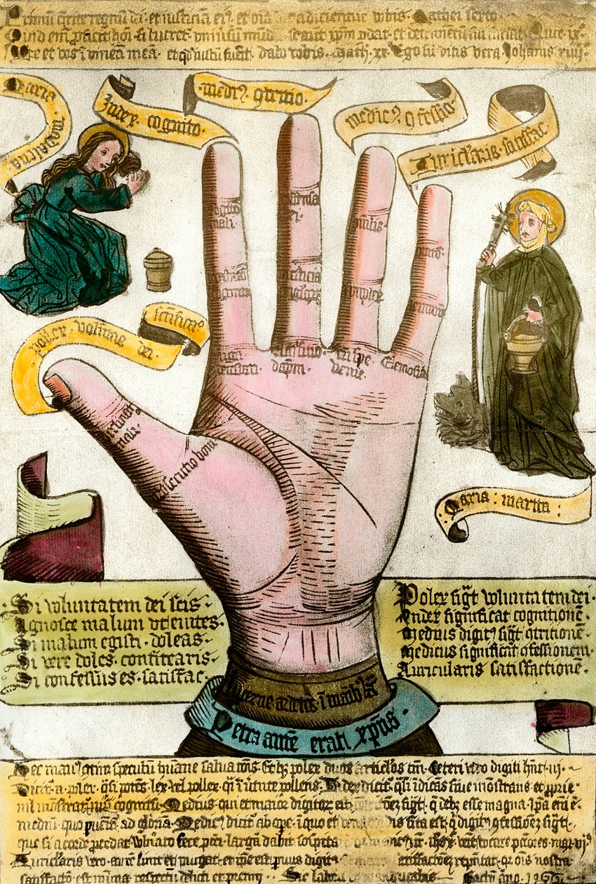 Okkulte vitenskaper: hånden med sine linjer for å lese fremtiden. Tallerken tegnet fra en håndflate av Unknown artist