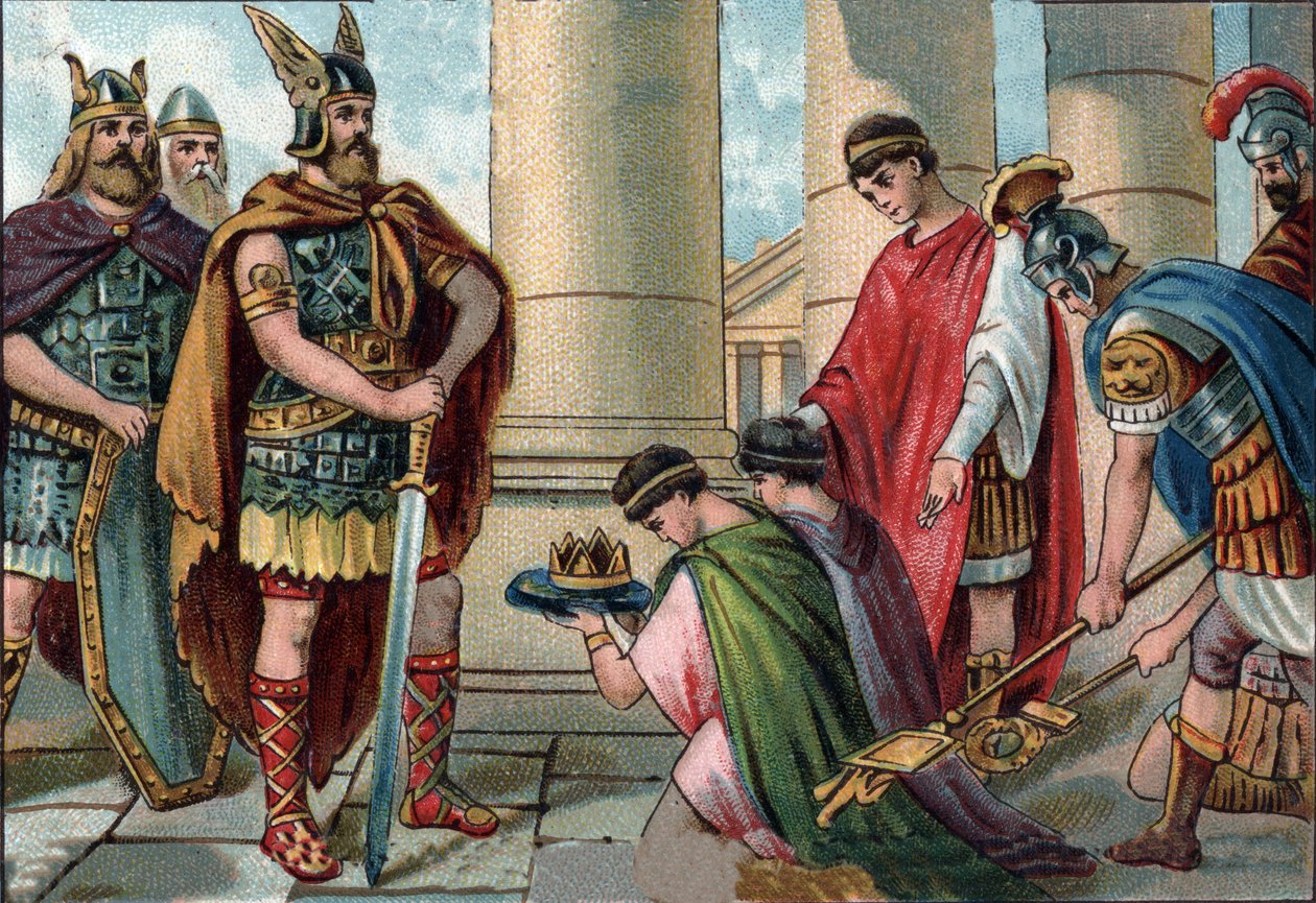 Odoacre (Odovacar, 435-493), chief of the Herules, obliges the abdication of Romulus Augustule, in Latin Flavius Romulus Augustus (or Romulus Augustulus (in it). Romolo Augustolo), around 460 - 511), last Roman emperor of the west in 476. Chromolithography av Unknown artist