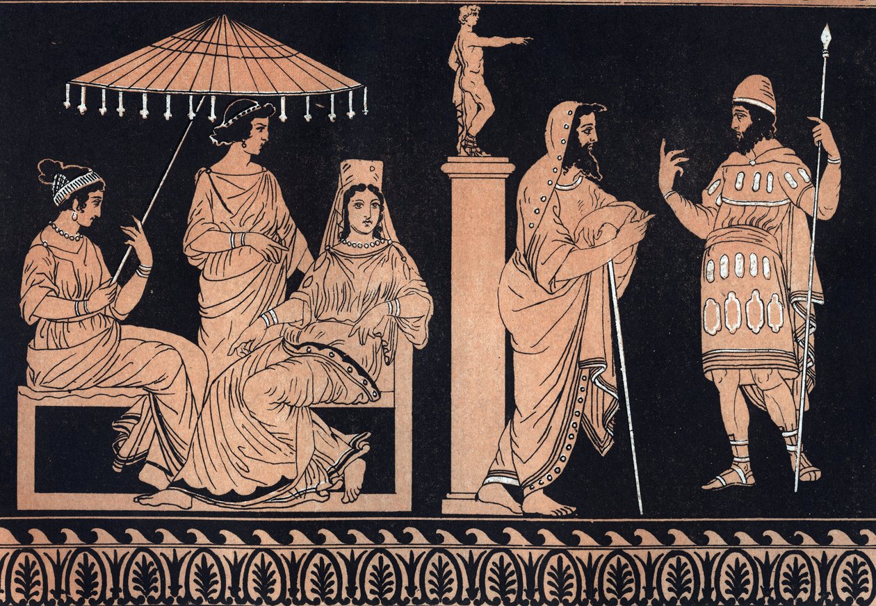 Odyssey av Homer - Ulysses ved domstolen i Alcinous - Odyssee d'Homere: "Ulysses a la cour d'Alcinoos"" Ulysses ber Alcinous (Alcinoos, Alkinoos) om nødvendig hjelp for å returnere til hjemlandet - gravering fra "Usi e Costumi d av Unknown artist