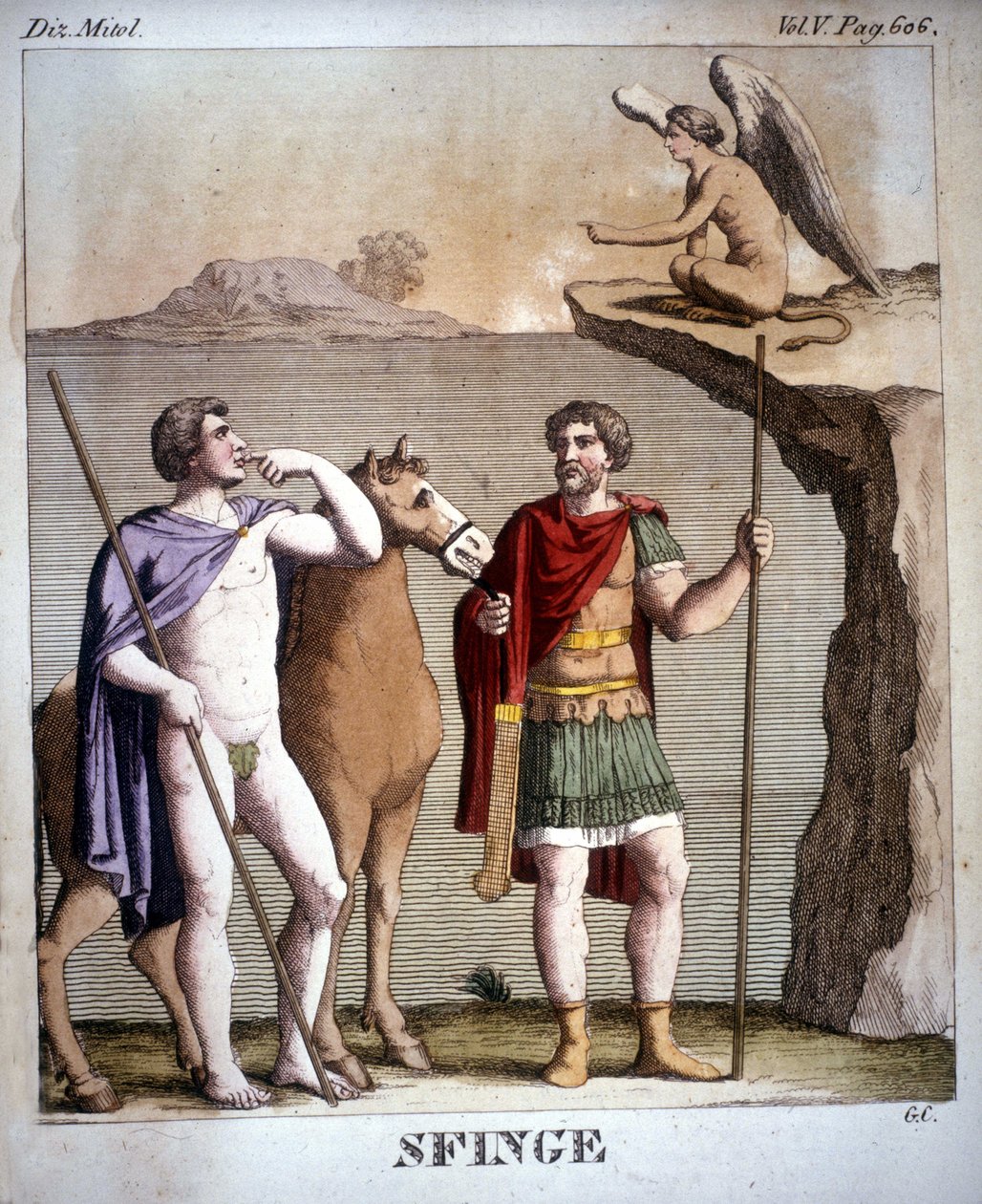 Ødipus og sfinksen - i "" Mythological Dictionary "", gravering fra 1800-tallet, Bibl. fra Brera, Milano. av Unknown artist