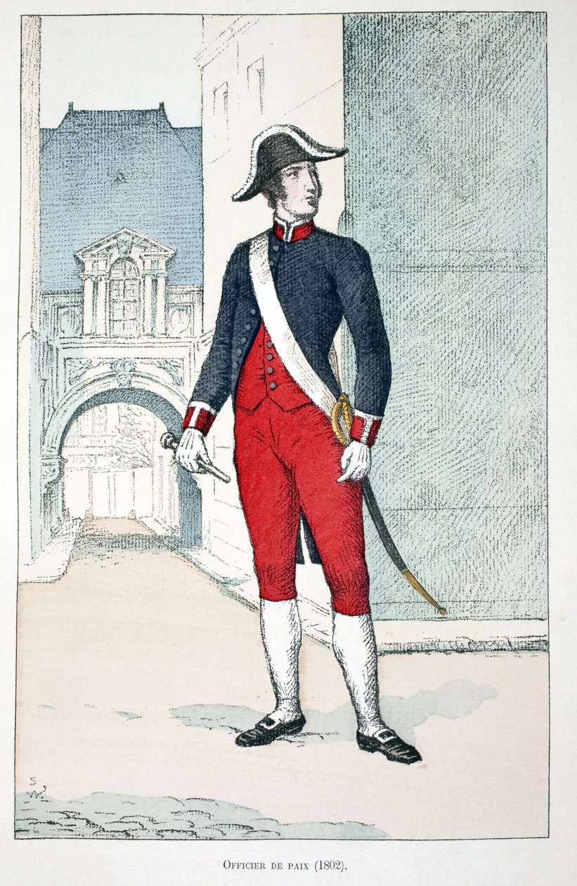 Fredsoffiser (1802). Etsning i farger, for illustrasjon "" History of the corps of peacekeepers""" bok utgitt i regi av Louis Lepine (1846-1933), prefekt for politiet på Seinen, av Alfred Rey (1864-?) og Louis Feron (1862) -?), av Unknown artist