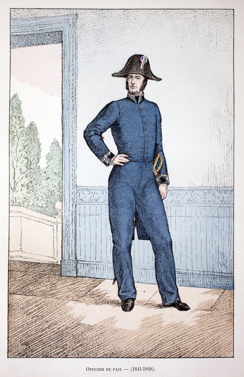 Fredsoffiser (1841-1848). Etsning i farger, for illustrasjon "" History of the corps of peacekeepers""" bok utgitt i regi av Louis Lepine (1846-1933), prefekt for politiet på Seinen, av Alfred Rey (1864-?) og Louis Feron (1862) - av Unknown artist
