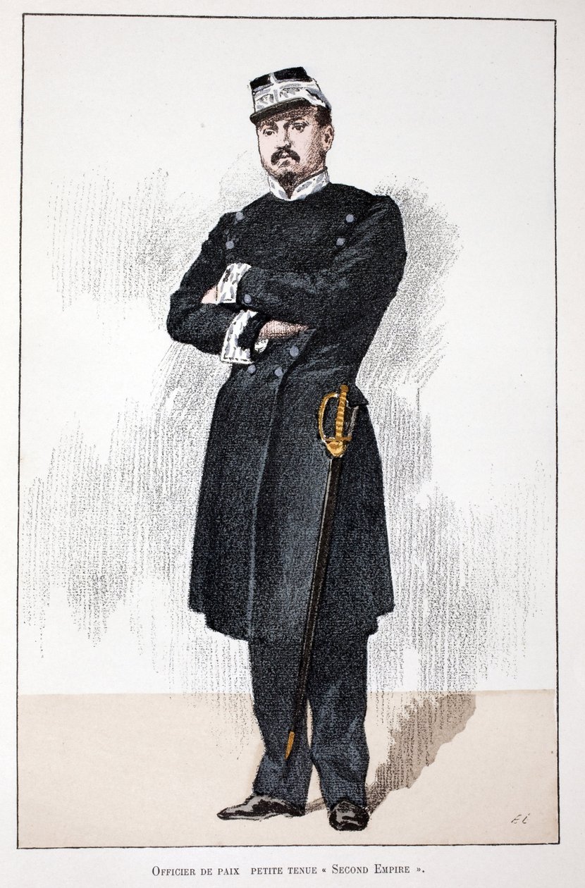 Fredsoffiser, Small Second Empire Dress (1852-1870). Etsning i farger, for illustrasjon "" History of the Corps of Peacekeepers""" bok utgitt i regi av Louis Lepine (1846-1933), prefekt for politiet på Seinen, av Alfred Rey (186) av Unknown artist