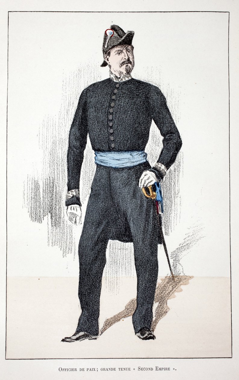 Fredsoffiser, Great Second Empire (1852-1870). Etsning i farger, for illustrasjon "History of the Corps of Peacekeepers""" bok utgitt i regi av Louis Lepine (1846-1933), prefekt for politiet på Seinen, av Alfred Rey (1864- av Unknown artist