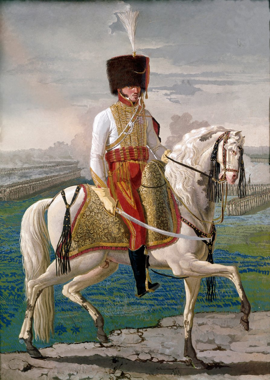 Offiser for Velites på hesteryggen, militærkorps opprettet til ære for keiser Napoleon I. tempera fra begynnelsen av det 19. århundre. Museo Nazionale di San Martino Napoli av Unknown artist