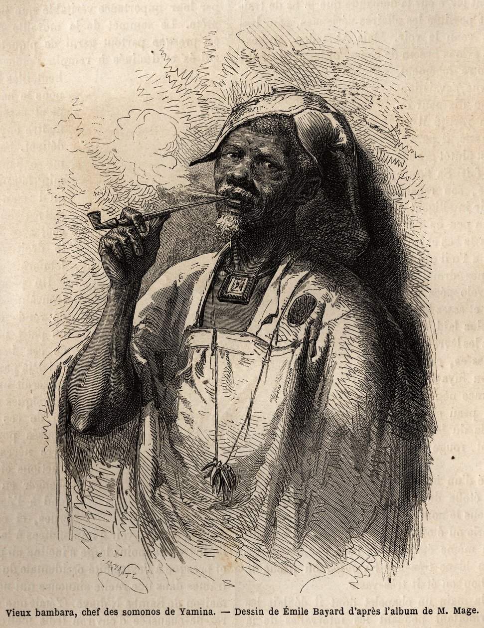 Gamle Bambara, stammesjef i Yamina (Niger) røyker pipe og har på seg det tradisjonelle sjefsdekselet til stammen. Gravering for å illustrere reisen til Vest-Sudan til løytnant (Marine) M. Mage, i 1863-1866, publisert i "Le tour du monde, nouveau jour av Unknown artist