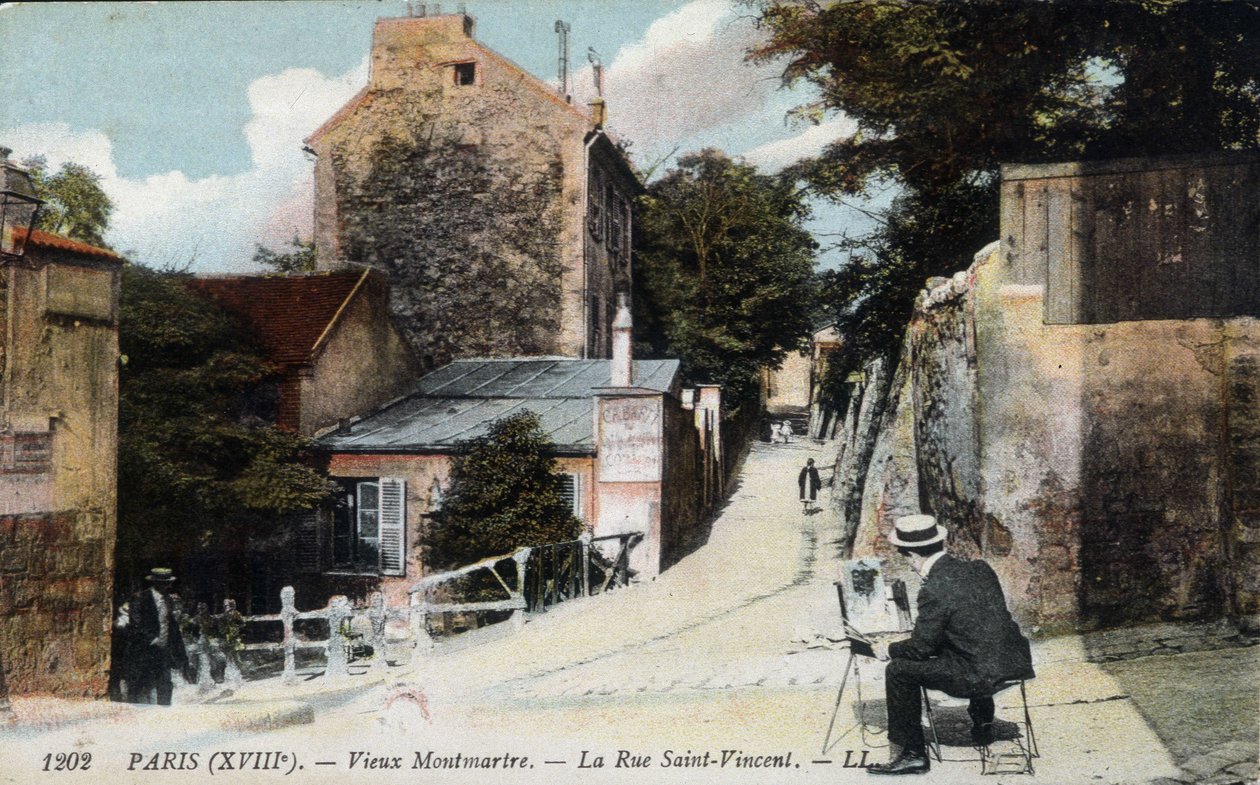 Gamle Montmartre: en maler i St Vincent Street. I oransje kabareten «Den smidige kaninen» - Postkort, deb. 20. århundre. av Unknown Artist