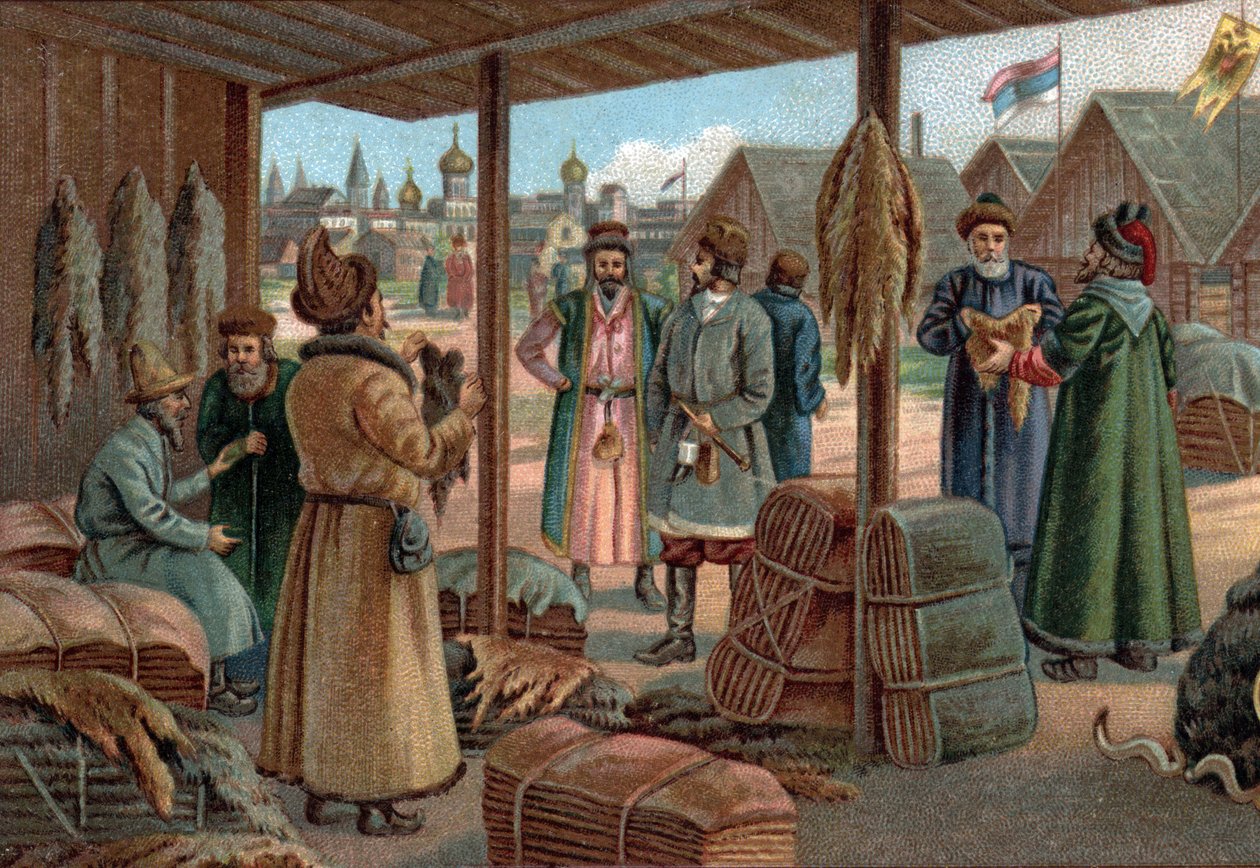 Gamle kjøpesentre: Pelsmesse i Novgorod (Veliky Novgorod), Russland på 1800-tallet. Kromolitografi fra slutten av 1800-tallet av Unknown artist