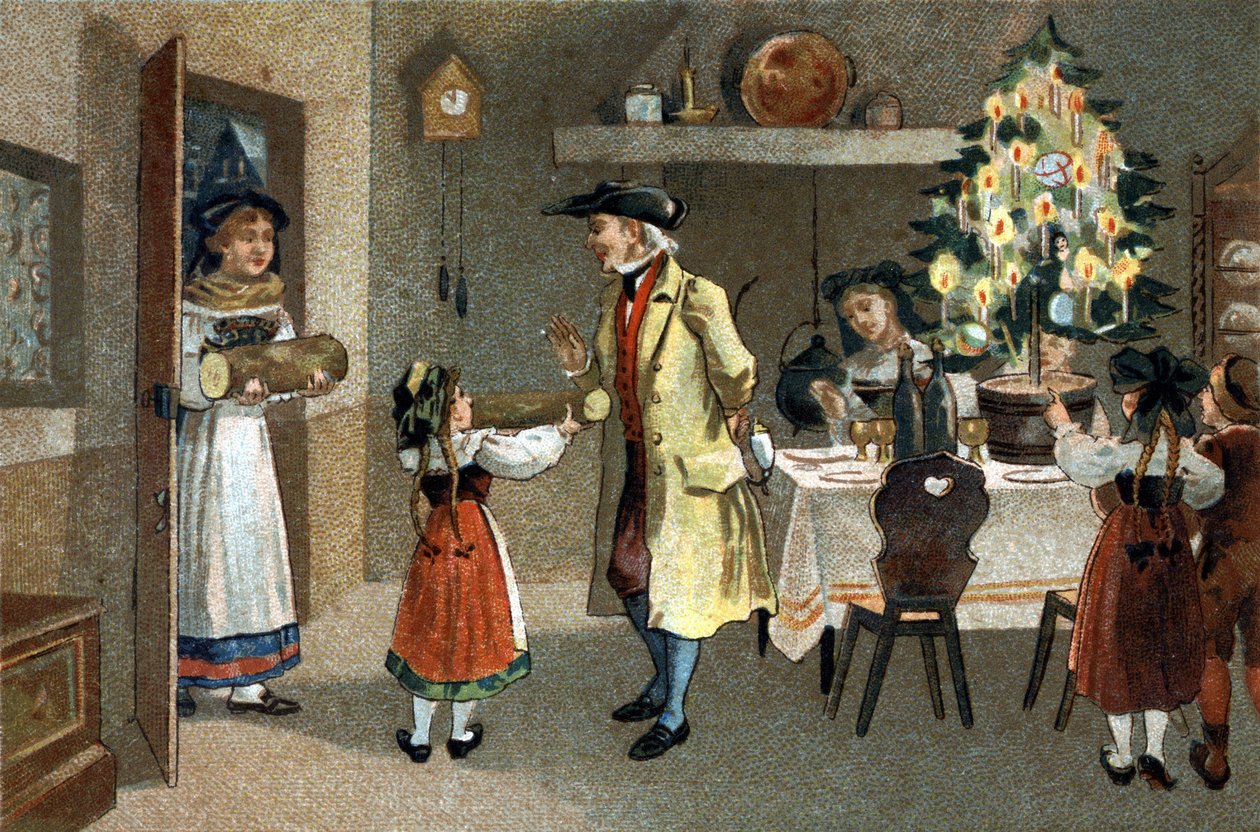 Gammel skikk feiret i Alsace-regionen: julebusken. Kromolitografi fra slutten av 1800-tallet. av Unknown artist