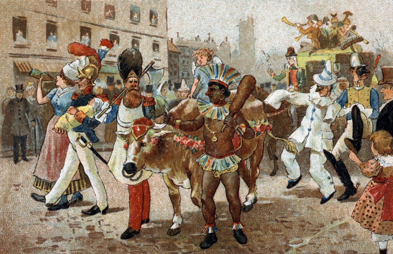Old custom celebrated in the Ile de France region: The procession of beef gras in 1830. Chromolithography of the late 19th century. av Unknown artist