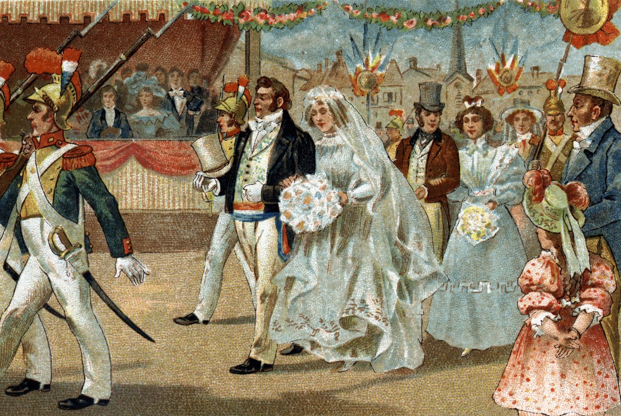 Old custom celebrated in the Ile de France region: the Rosière de Nanterre. Chromolithography of the late 19th century. av Unknown artist