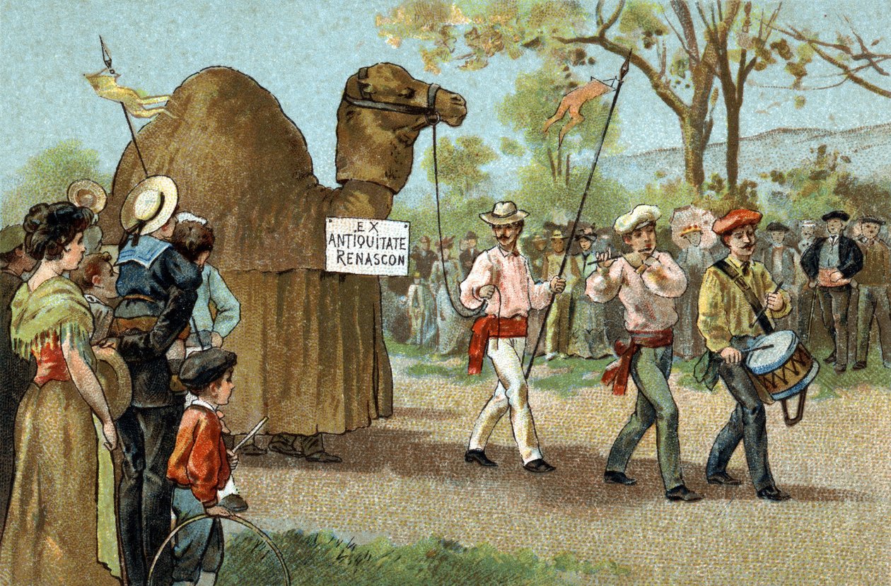 Gammel skikk feiret i Languedoc-regionen: Kamelvandringen på den hellige Afrodites dag. Kromolitografi fra slutten av 1800-tallet. av Unknown artist