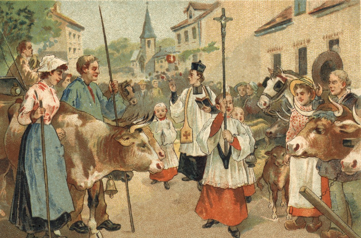 Gammel skikk feiret i Nivernais-regionen: flokkenes velsignelse. Kromolitografi fra slutten av 1800-tallet. av Unknown artist