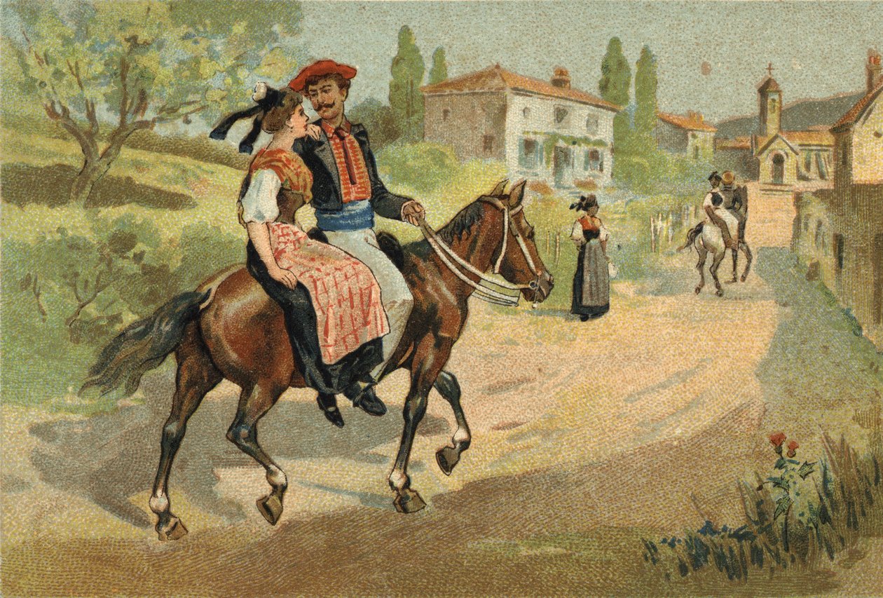 Gammel skikk feiret i Provence-regionen: forsamlingen av Camarguais. Kromolitografi fra slutten av 1800-tallet. av Unknown artist