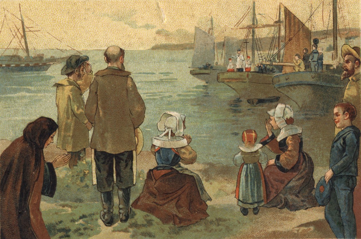 Gammel skikk feiret i regionen Bretagne: Velsignelsen til Terre Neuvas. Kromolitografi fra slutten av 1800-tallet. av Unknown artist
