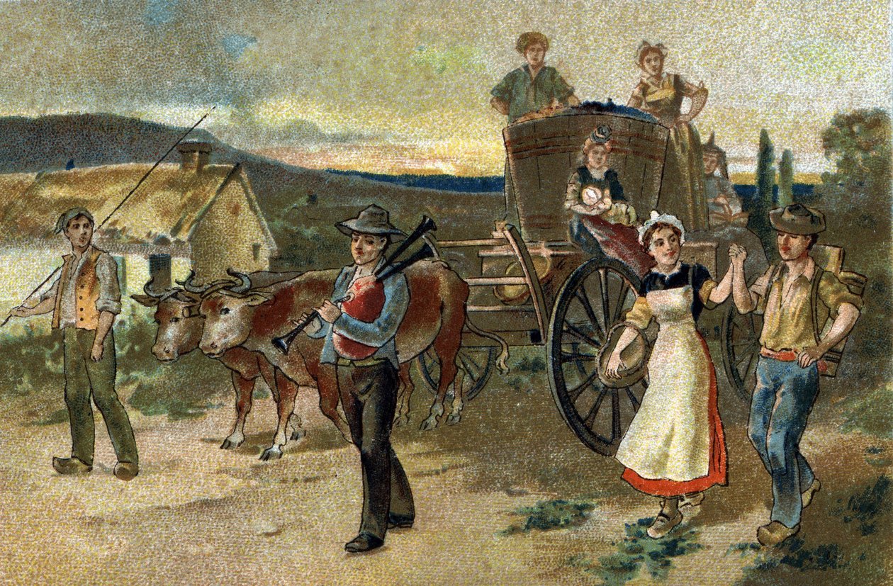 Gammel skikk feiret i regionen Burgund: Harvest Festival. Den siste årgangen. Kromolitografi fra slutten av 1800-tallet. av Unknown artist