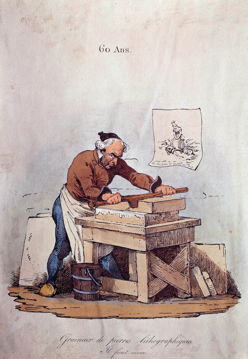 Gamle metiers: det litografiske steinkornet. Dette er et av trinnene i å trykke litografier som består i å klargjøre steinen med blekk. Illustrasjon av privatsamlingen fra 1800-tallet av Unknown artist