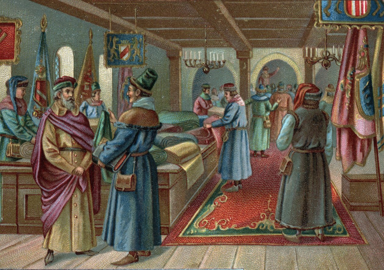 Old shopping centres: linen hall in Bruges, Belgium in the 15th century. Chromolithography of the late 19th century av Unknown artist