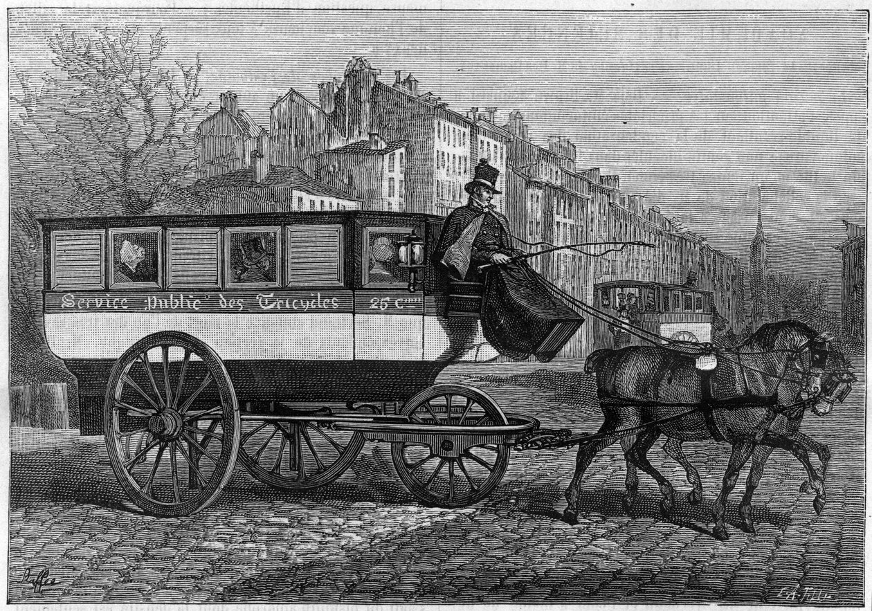 Omnibus has three wheels or tricycle in the streets of Paris. Engraving in “” La Nature. Revue des sciences et de ses applications aux arts et a l