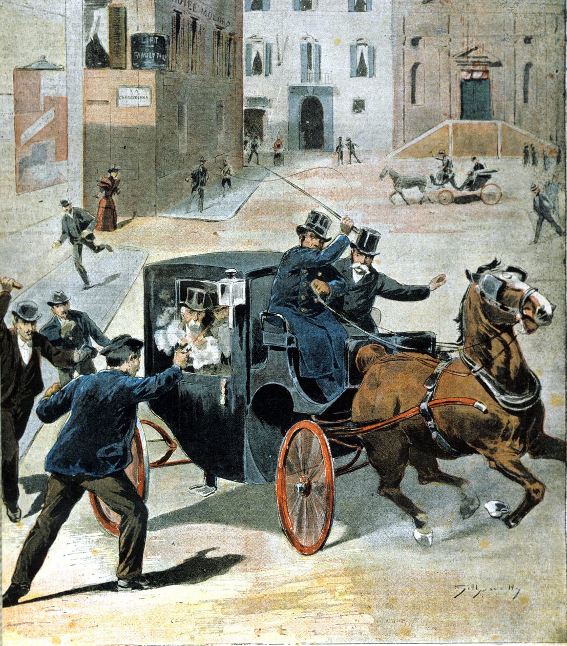 Den 16. juni 1894, i Roma, avfyrte anarkisten Paolo Lega en revolver mot Francesco Crispi, president for det italienske rådet. Illustrasjon av perioden. av Unknown artist