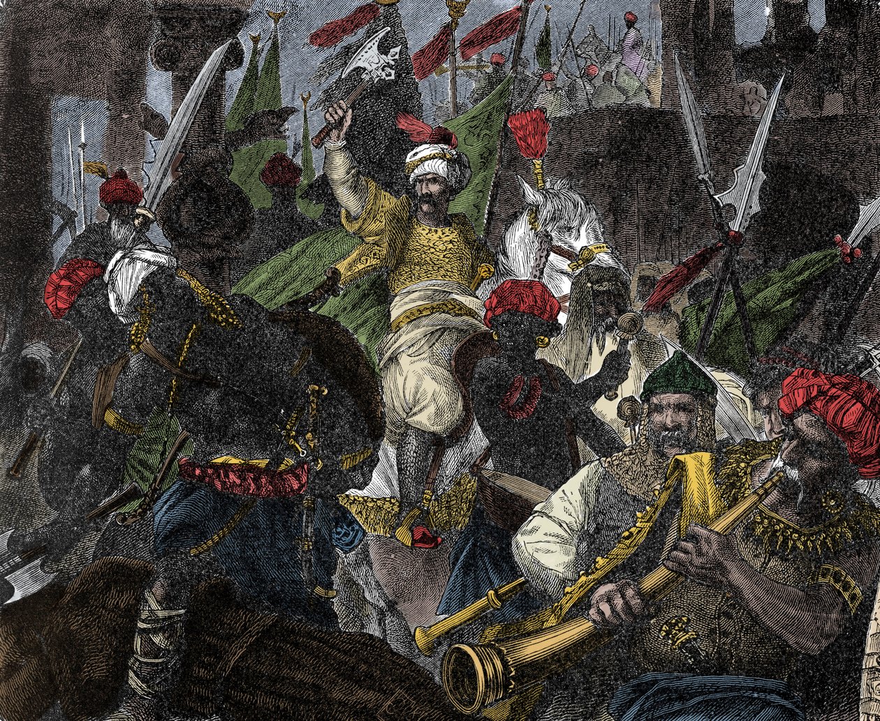 Den 29. mai 1453, storming av Konstantinopel av Muhammad II, sultan av det osmanske riket - Erobringen av Konstantinopel: hæren til den osmanske sultanen Mehmet II (Mehmed II erobreren eller Muhammad II Fatih) (1430-1481) beleiret byen i Konstantinopel 1 av Unknown artist