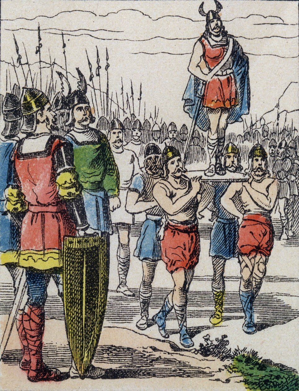 Da Childeric I døde, ble sønnen Clovis valgt til konge av Salians Francs som bar ham på bolverket mens han turnerte i leiren (gravering) av Unknown artist