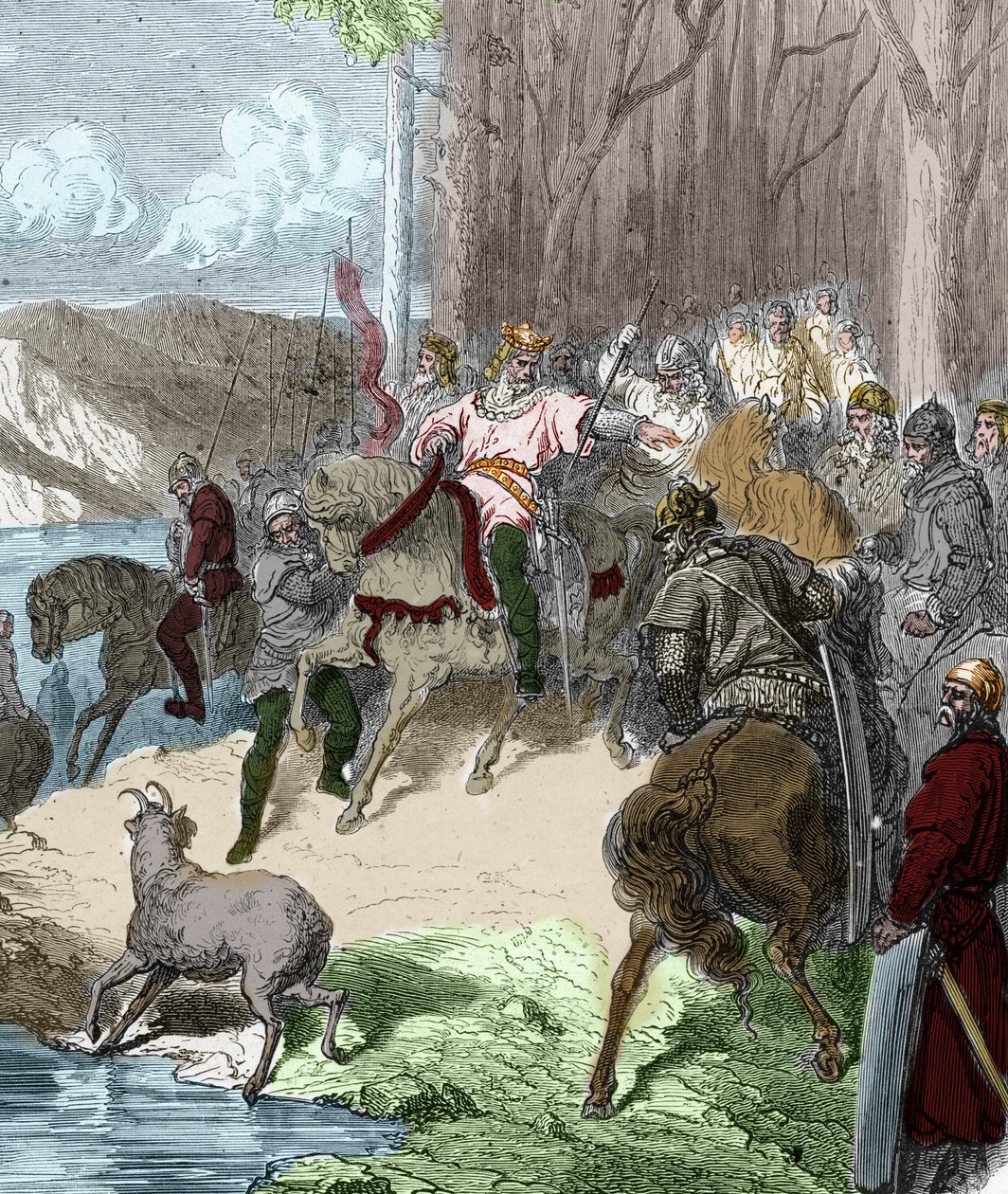 På tampen av slaget ved Vouille (507) finner Clovis I, etter en doe, en gjest på Wien avslørt av liljer. Han bærer blomsten som et løfte om seier og tar den deretter som sitt emblem. Gravering i "" Histoire De France En Cent Paintings"" av Unknown artist