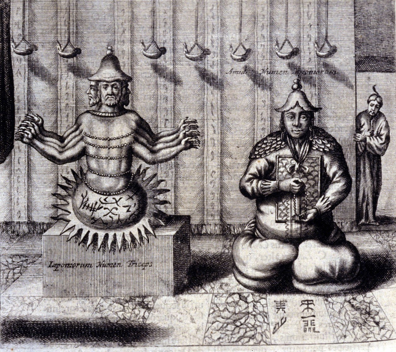 Til venstre har hinduistisk guddom åtte armer, til høyre Amida, japansk Buddha. "De China Monumenta" av Athanasius Kircher (1601 - 1680), jesuitt, orientalist og tysk lærd, Amsterdam 1667. av Unknown artist