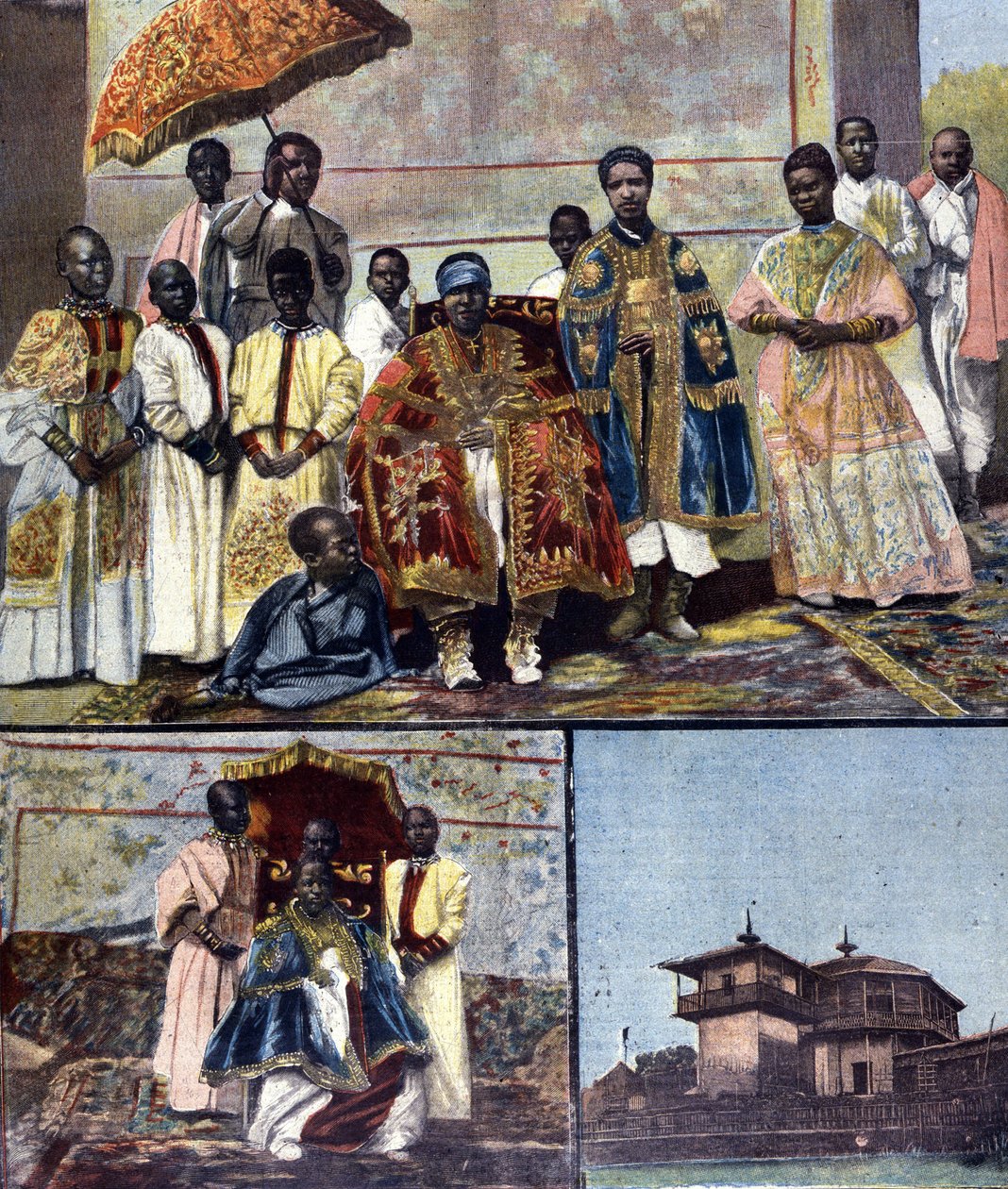 På toppen er Impress Taitou fra Etiopia, kona til Menelik II og hans oppfølger. Nede til venstre er hans datter, den fremtidige dronning Zaouditou (1876 - 1930). Til høyre, keiserpalasset Ghebi i Addis Abeba. ill. for sent 1800-tallspresse. av Unknown artist