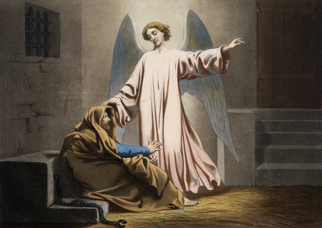 En gang stoppet to ganger, blir Saint Peter befridd av en engel. Anonym gravering fra midten av 1800-tallet. av Unknown artist