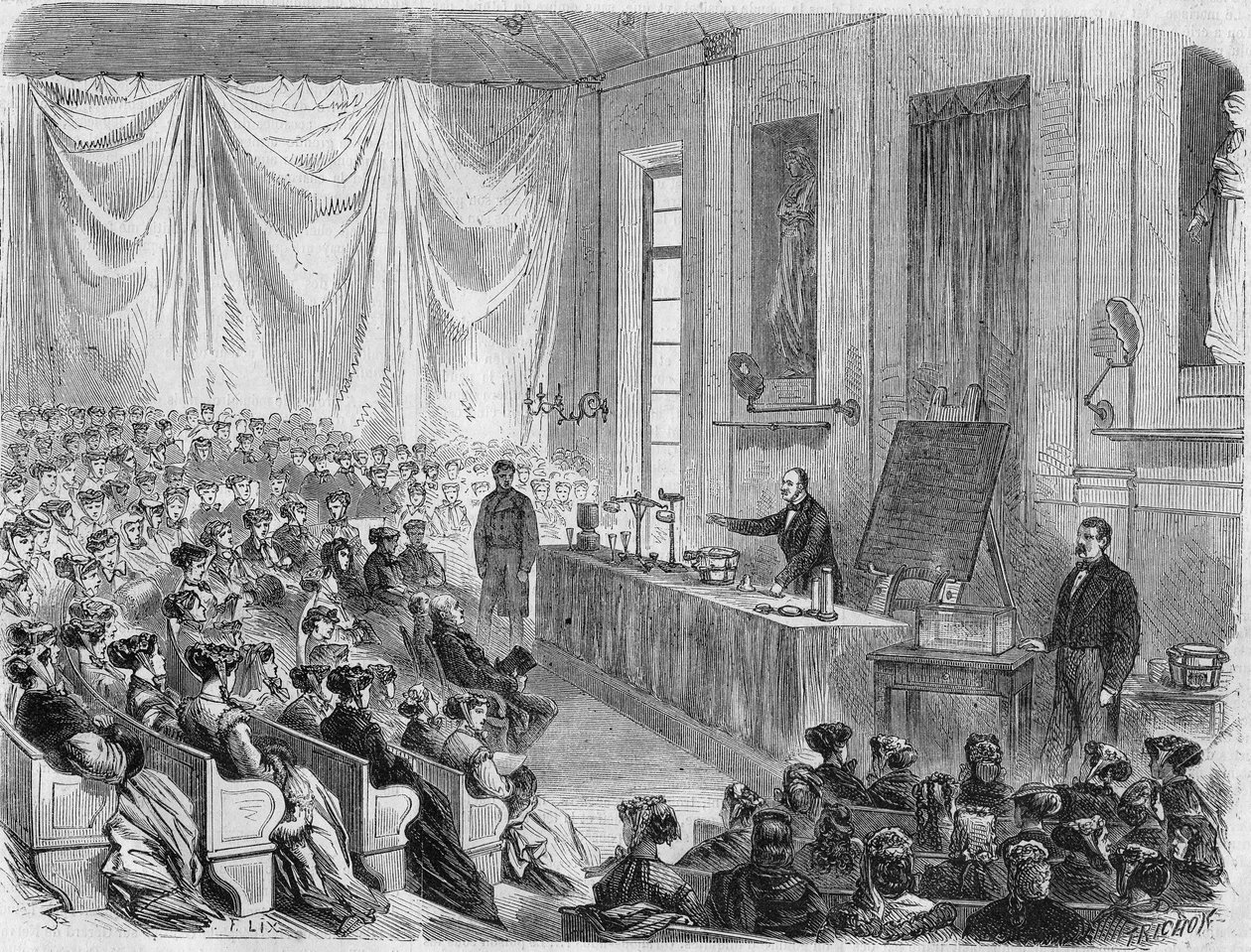 Åpning av kurs for unge jenter ved Sorbonne i 1867. Gravering fra tegningen av Mr. Lix av Unknown artist