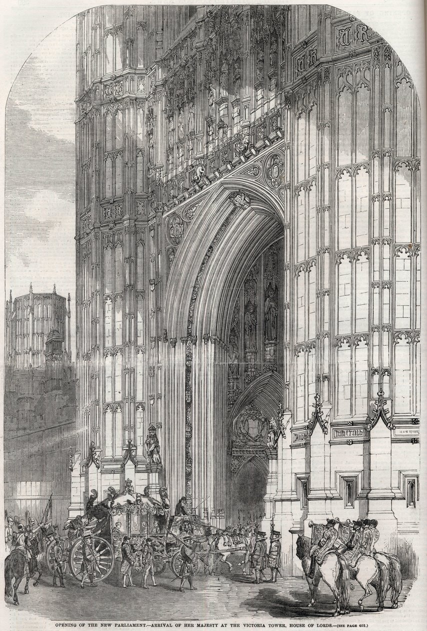 Åpning av det nye parlamentet - ankomsten av hennes majestet til Victoria-tårnet, House of Lords 1852 av Unknown artist
