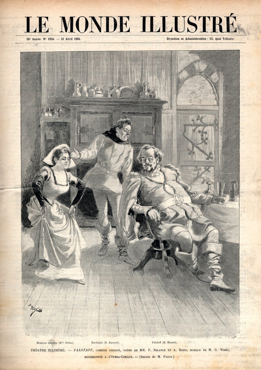 Opera "" Falstaff"" av Giuseppe Verdi (1813-1901), treakters lyrisk komedie av Arrigo (eller Enrico) Boito, representert på operakomikken i Paris i 1894 med Victor Maurel, Marie Delna og Paul Fleuret (Barnolt) (1844) -1900) - Cover av "The Illustrous World av Unknown artist