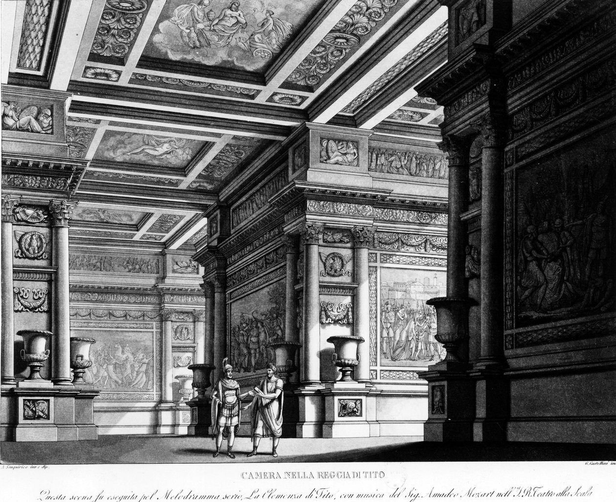 Opera: "" La Clemenza di Tito "", musikk av Mozart, på Casa de Milan - gravering i "" Milan teatralske scener "" av Unknown artist
