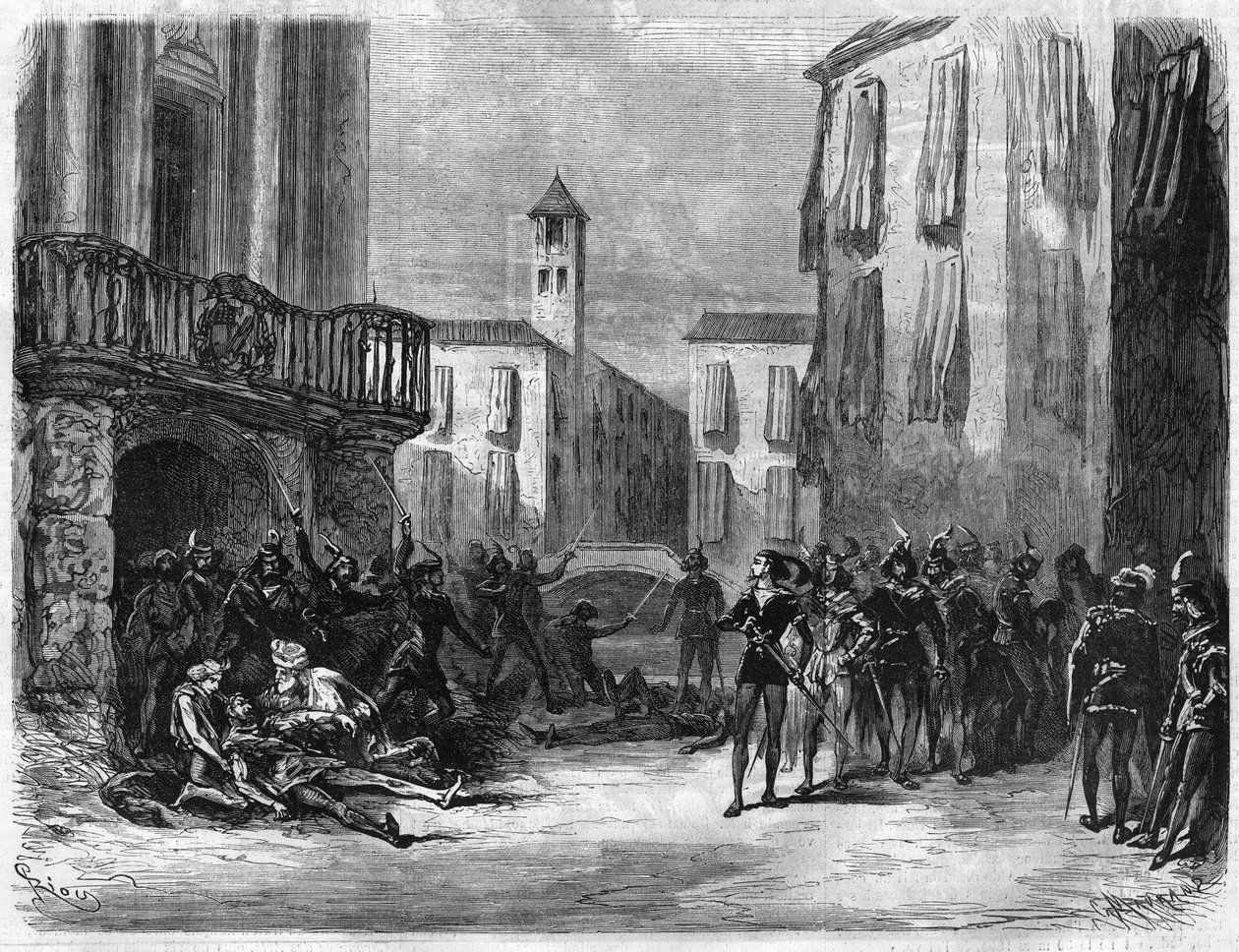 Opera "" Romeo et Juliette"" av Jules Barbier (1825-1901) og Michel Carre (1821-1872). Musikk av Charles Gounod (1818-1893). Spill på operaen i Paris. Gravering i "The Illustrous Universe" av Unknown artist