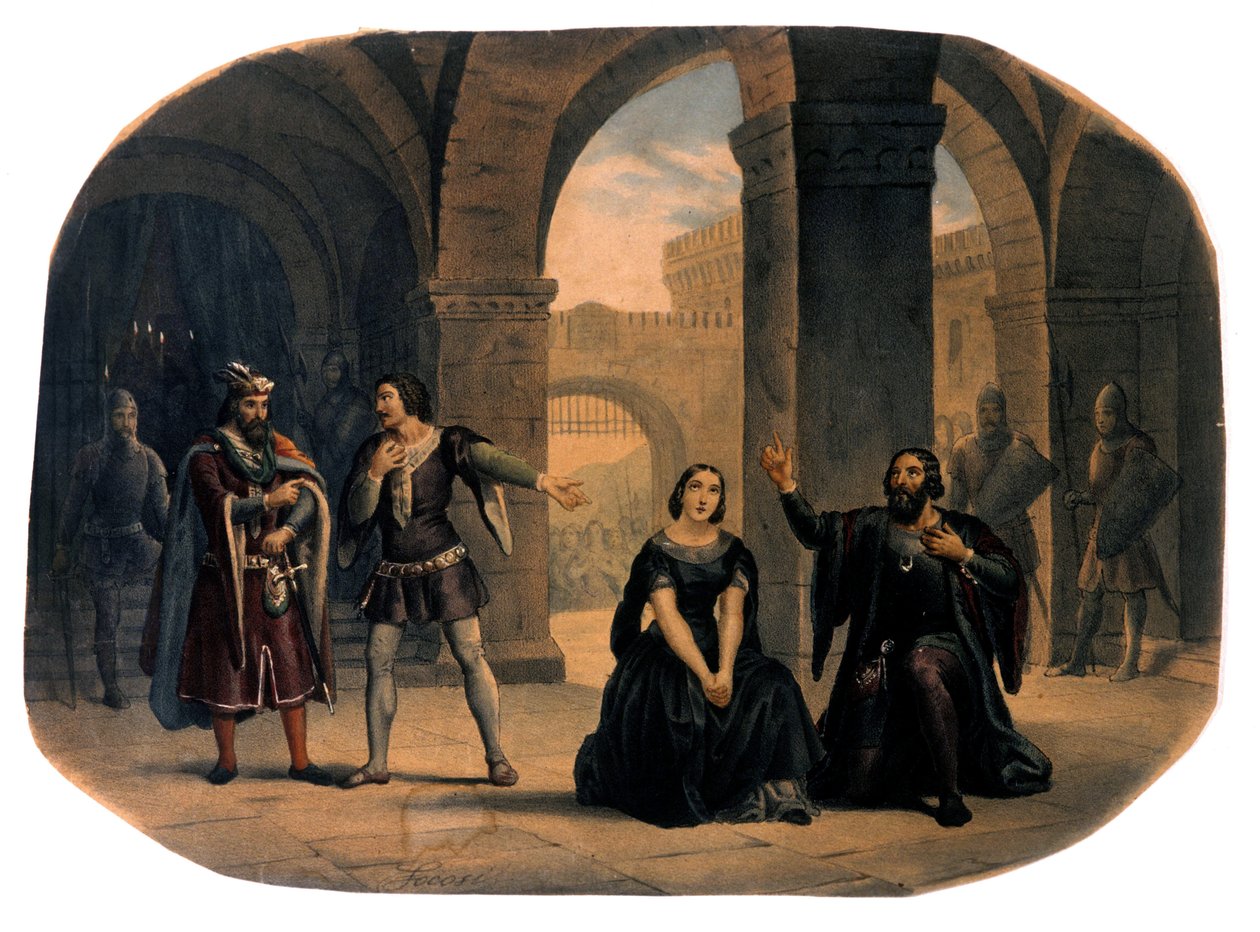 Operascenen "" I vespri siciliani"" (De sicilianske vesperene) komponert av Giuseppe Verdi. kromolitografi fra slutten av 1800-tallet.. av Unknown artist